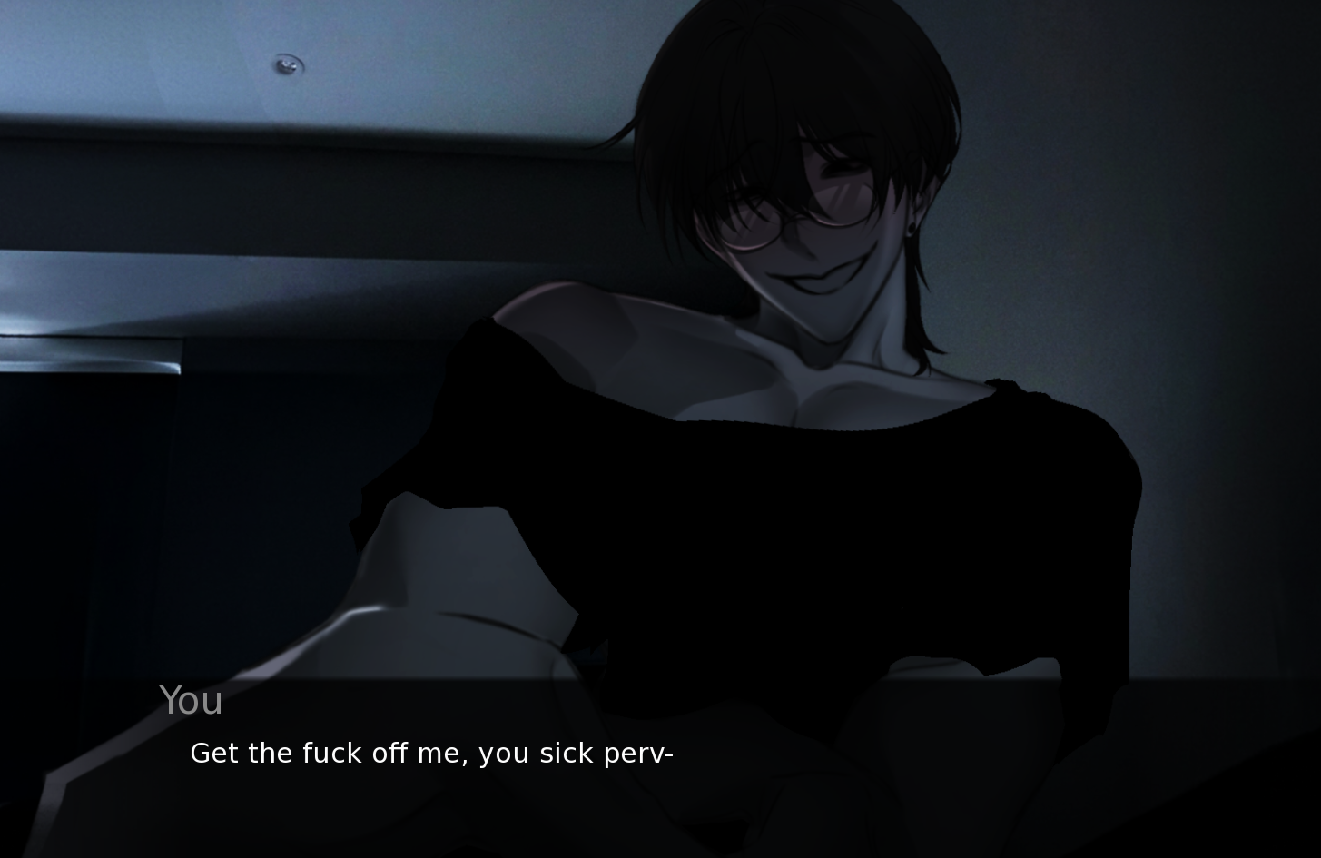 SURVIVE MIN gameplay screenshot — dark bedroom interior with dialogue window and shadowy atmosphere